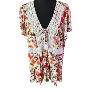 Torrid Babydoll Crinkle Gauze Crochet‎ Inset Lace-up Top White Floral 3X Women’s